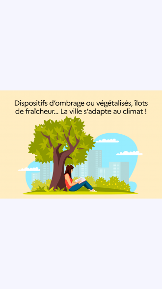 Dans un paysage naturel, des personnages plantent des arbres et prennent soin de la nature. À gauche, deux personnages tiennent un trophée, lauréat des trophées de l'adaptation au changement climatique. Dans le ciel jaune pâle est écrit: «Avec les Solutions fondées sur la Nature, adaptation au changement climatique et protection de la biodiversité font cause commune.»