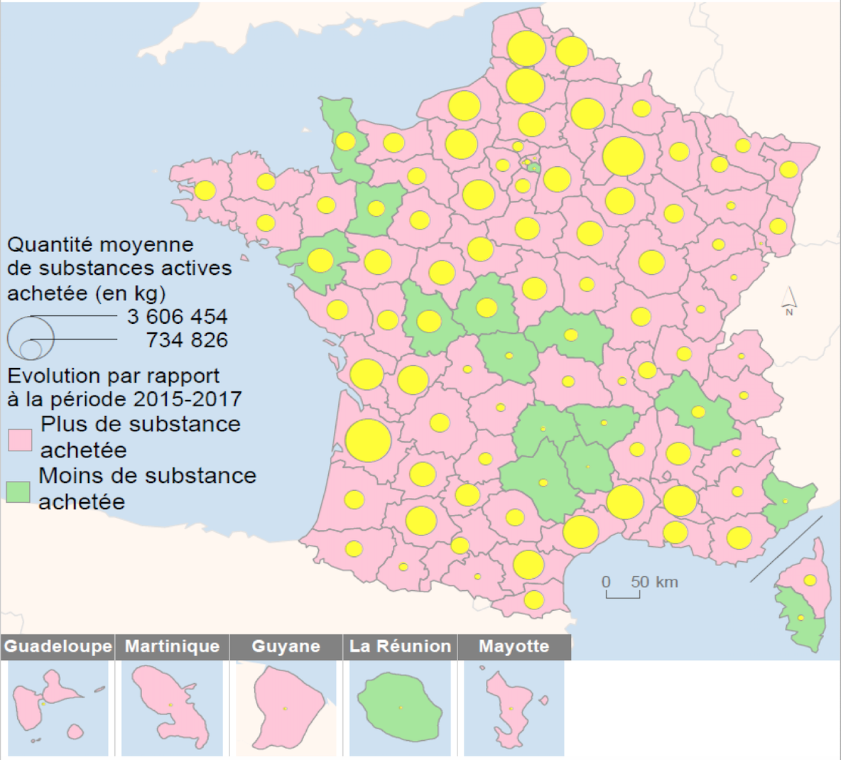 Les achats de produits phytopharmaceutiques en moyenne triennale par département sur la période 2016-2018 